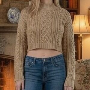 SIR.‎ Cable Knit Mock Neck Cropped Sweater Cotton Nylon Merino Wool Blend Beige
